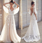 Ivory V Neck Beach Wedding Dresses with Lace Appliques, Bridal Dresses